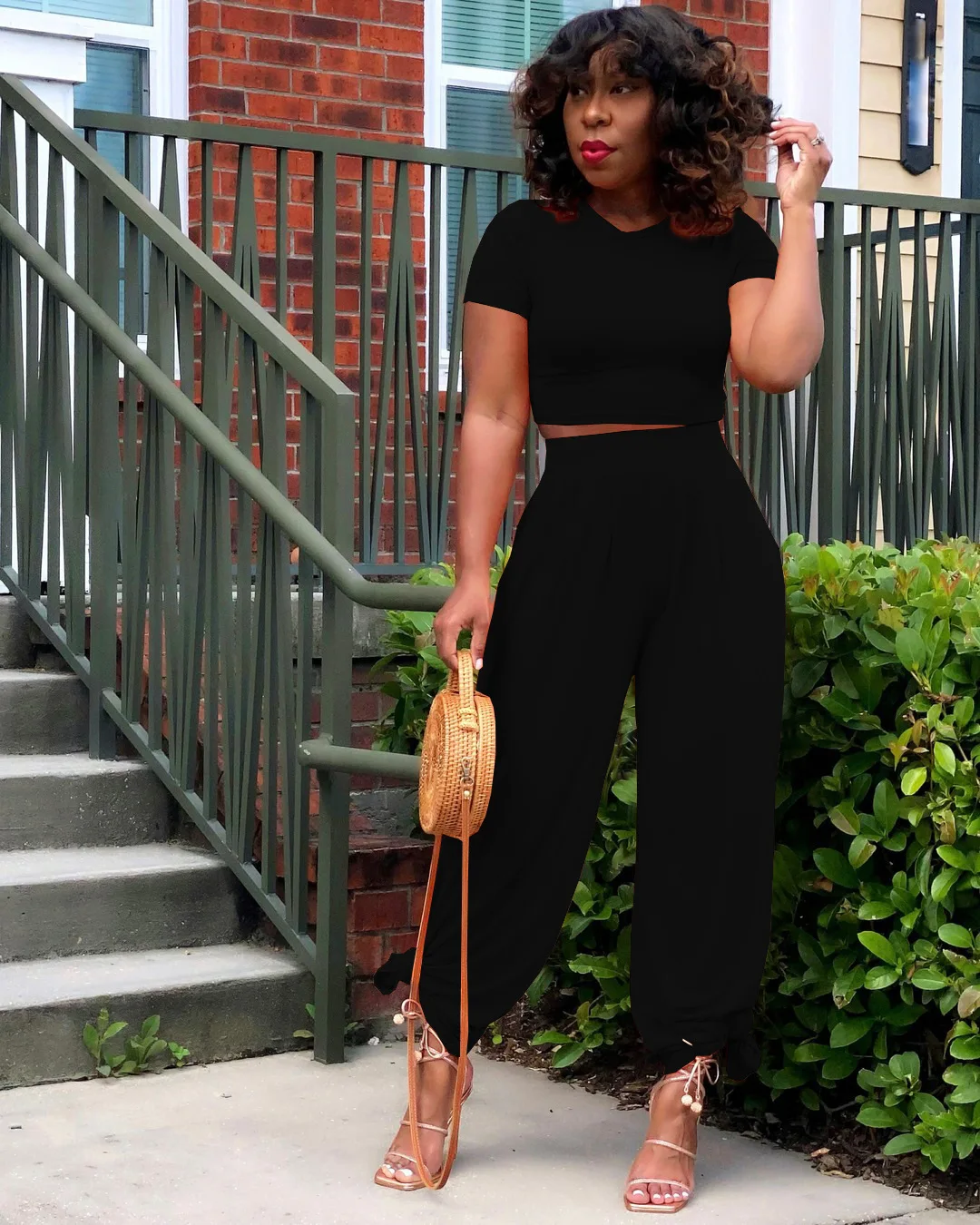 Женская футболка с коротким рукавом и штаны в стиле хип-хоп однотонные Цвет