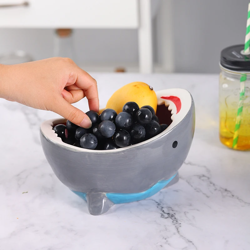 Cuenco de cer&aacute;mica con dise&ntilde;o de tibur&oacute;n para el hogar, recipiente grande de cer&aacute;mica con personalidad creativa, caja de almacenamiento de aperitivos, fruta, dibujos animados-2