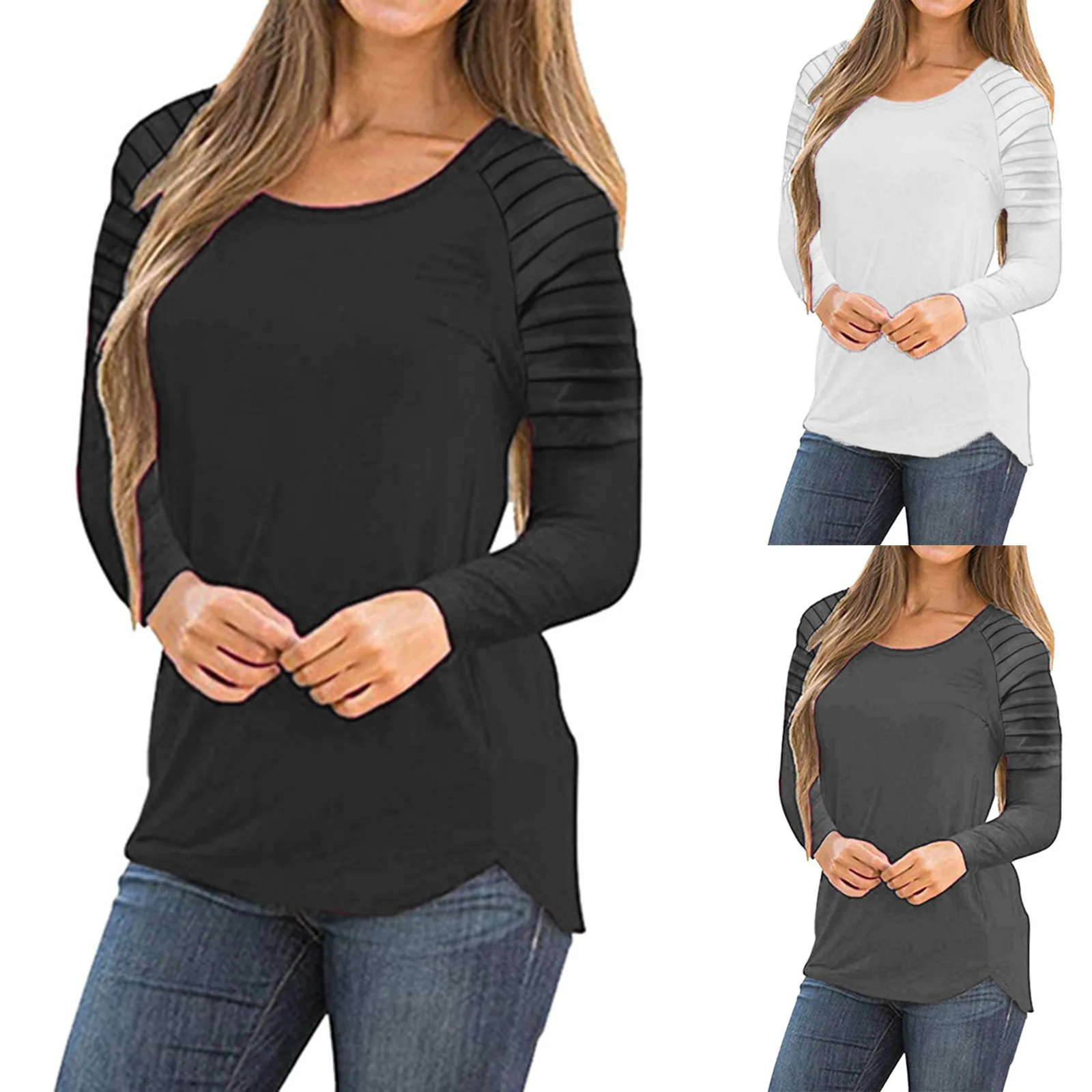 

Блузка Женская плиссированная однотонная, с круглым вырезом и длинным рукавом, 731 # F