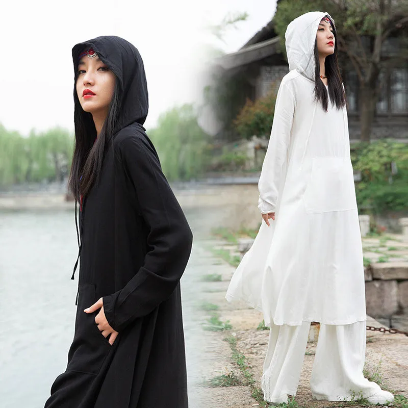 

Women's Long Dress Gothic Dark Style Chinese Traditional Pocket Dark White Yellow Solid Color Cotton Linen Sunscreen Streetwear