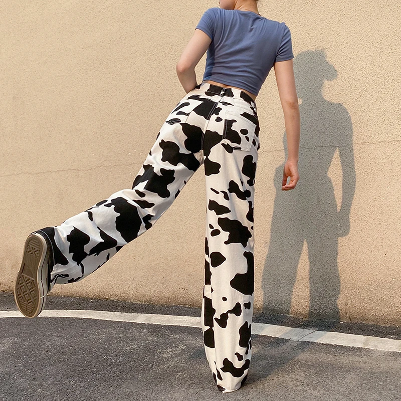 

Fashion Milk Cow Print Jeans Denim Pant Women High Waist Loose Straight Pants Harajuku Sweet Casual Wide Leg Trousers Streetwear
