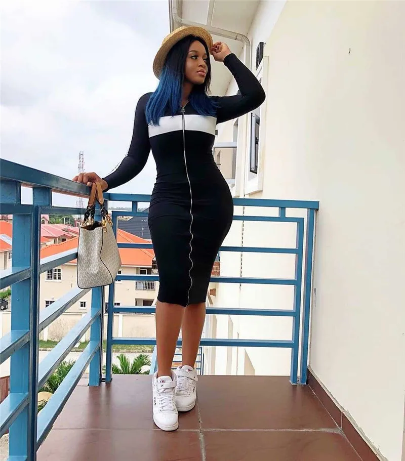 Осеннее повседневное облегающее платье с длинным рукавом женское на молнии