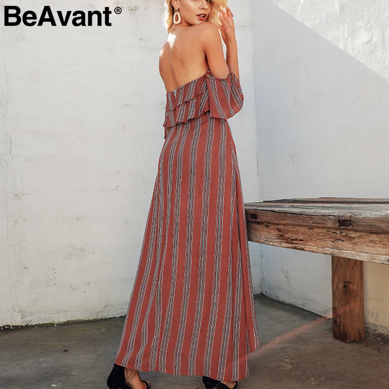 Женское платье в полоску BeAvant длинное льняное с оборками и открытой спиной на