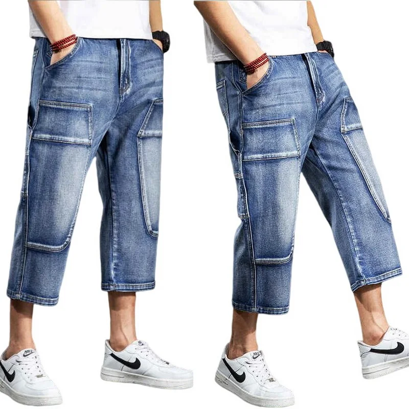 Brand Mens Jeans Denim Shorts Cotton Cargo Shorts Big Pocket Loose Baggy Wide Leg Bermuda Beach Boardshort Size 28-44