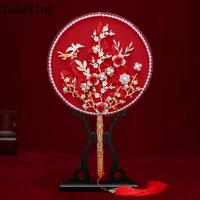 janevini chinese elegant red lace appliques bridal bouquet fan type handmade flowers pearls metal round fan wedding accessories