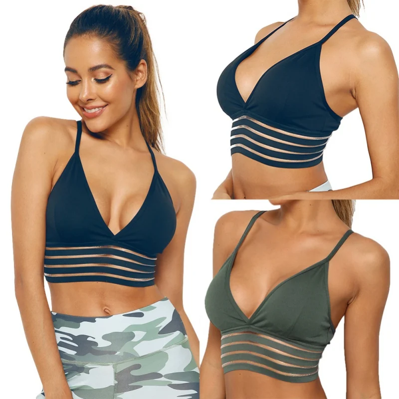 

Yoga Bra Solid Color Sexy Striped Stitching Elastic Bra Fitness Running Without Steel Ring Sports Bra