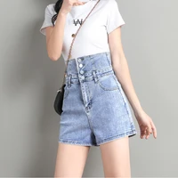 summer women sexy back lace up design high waist hot shorts new white a line loose straight jean multi button black denim shorts