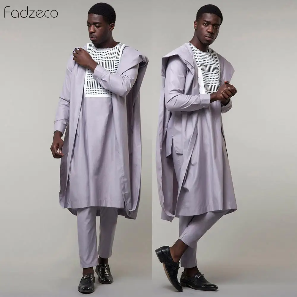 Fadzeco Африканский мужской Дашики Базен Riche костюмы топ рубашка брюки комплект из 3