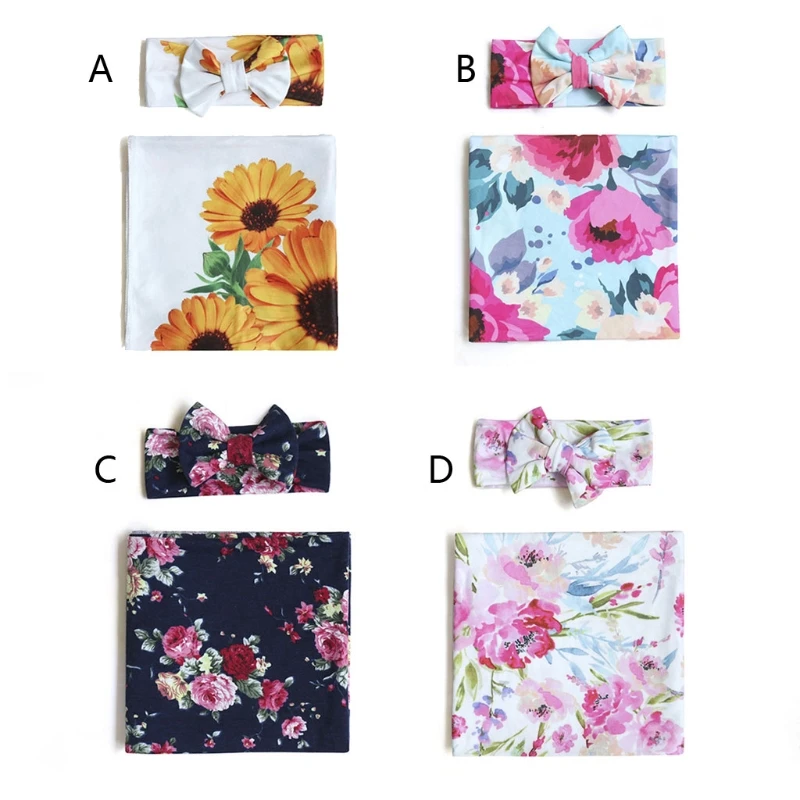 

2pcs Newborn Baby Blanket Sleeping Swaddle Floral Print Muslin Wrap Headband Set for Infant Boys Girls
