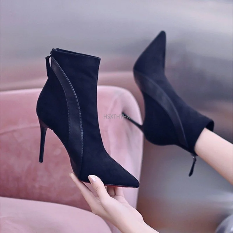 

Size 35-40 Winter Flock Leather Women Black Boots Pointed Short Boots Slim Zip Woman Boots High Heels Ladies Fashion Ankle Boots