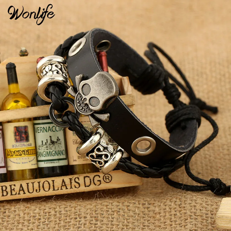 

Vintage Retro Rivet Punk Cool Hip Hop Accessorie Adjustable Leather Rope Skull Skeleton Biker Bracelet Mens Jewelry