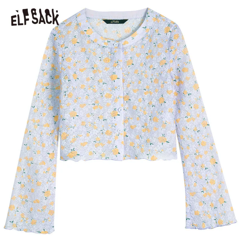 

ELFSACK Floral Print Contrast Lace Casual See-Through Blouse Women,2021 Summer Full Sleeve Female,Daily Vintage Top