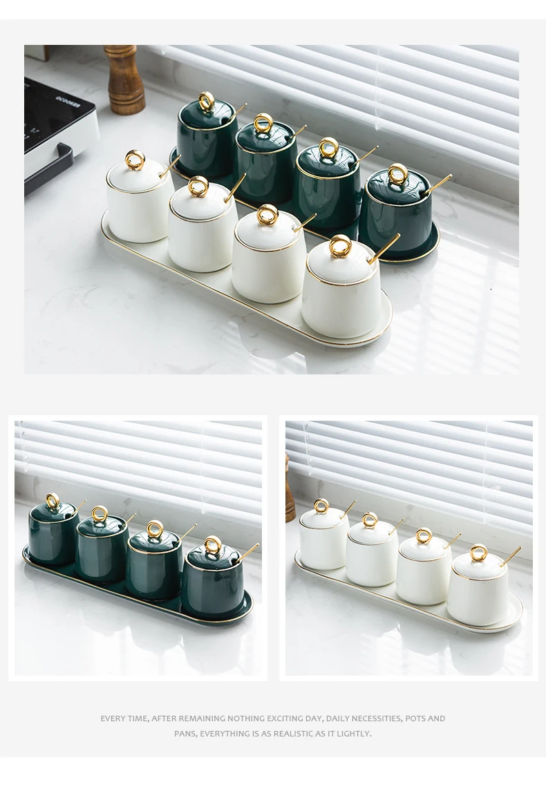 Spice Jar Set Kitchen Supplies Household Seasoning Box Condiment with Lid with Spoon Ceramics Salt Jar Kitchen Tools Appliance