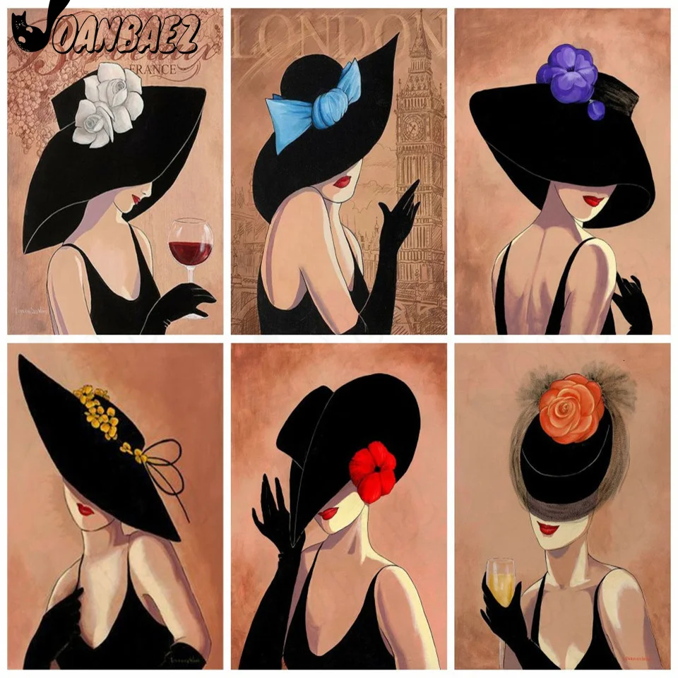 

Fashion Beauty Diamond Painting 5D Diy Black Hat Ladies Wall Art Sticker Diamond Embroidery Mosaic Inlaid Room Decoration Gift