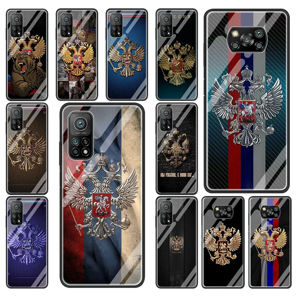 

Russian Flag Bear Eagle Flag Tempered Glass Phone Case for Xiaomi Mi Poco X3NFC 10S 9T 10T Pro Note 10 Lite CC9E Soft Edge Shell