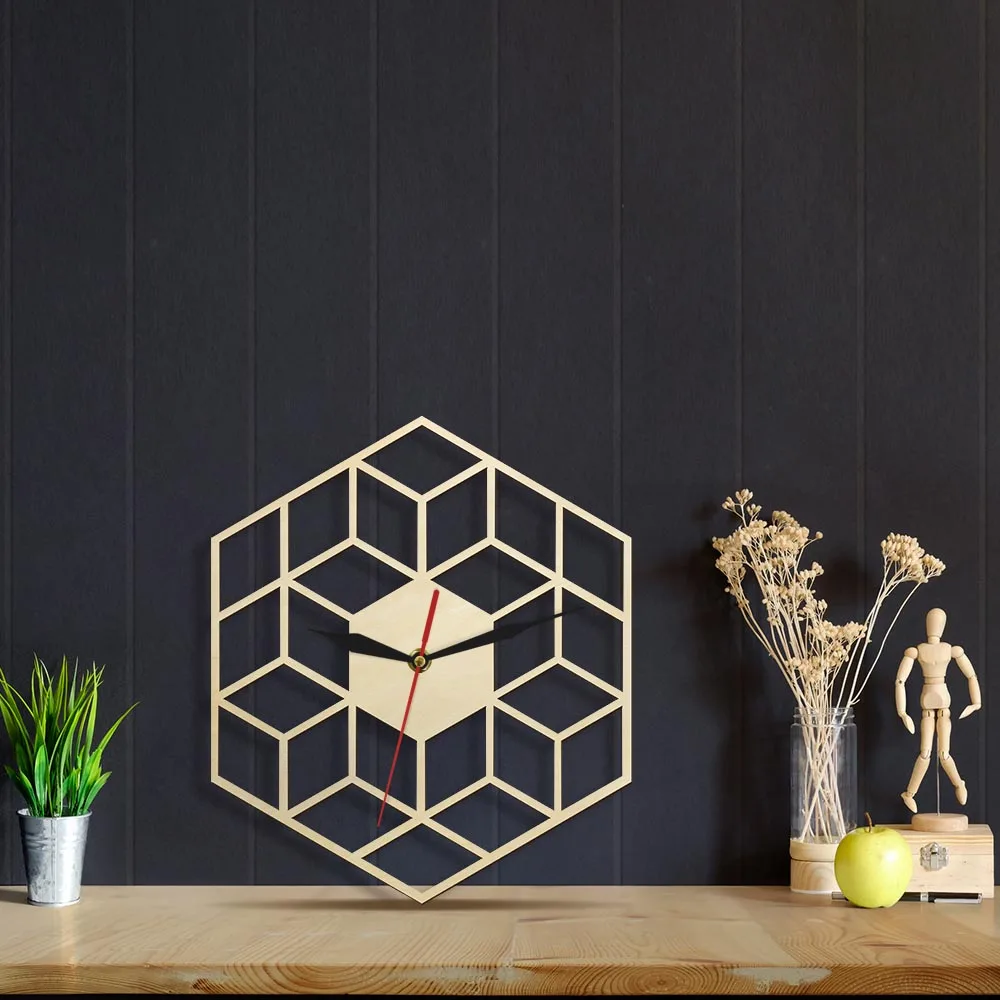 Кубические вдохновленные шестигранные деревянные настенные часы бесшумные не