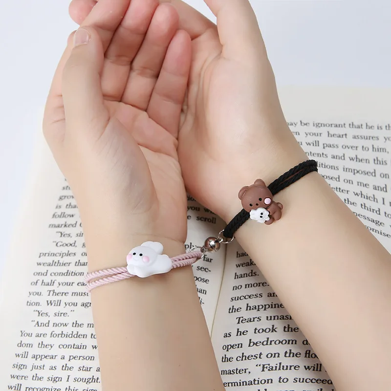 

2pcs Hug Bears Suction Iron Bracelet Couple Bracelet Girlfriends Bracelet Hair Rope Cute Cartoon Love Couple Small Rubber Band