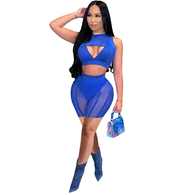 

Adogirl Sheer Mesh Patchwork Women Sexy Solid 2 Piece Set Cut Out Sleeveless Crop Top Skinny Shorts Casual Suit Drop Ship Bulk