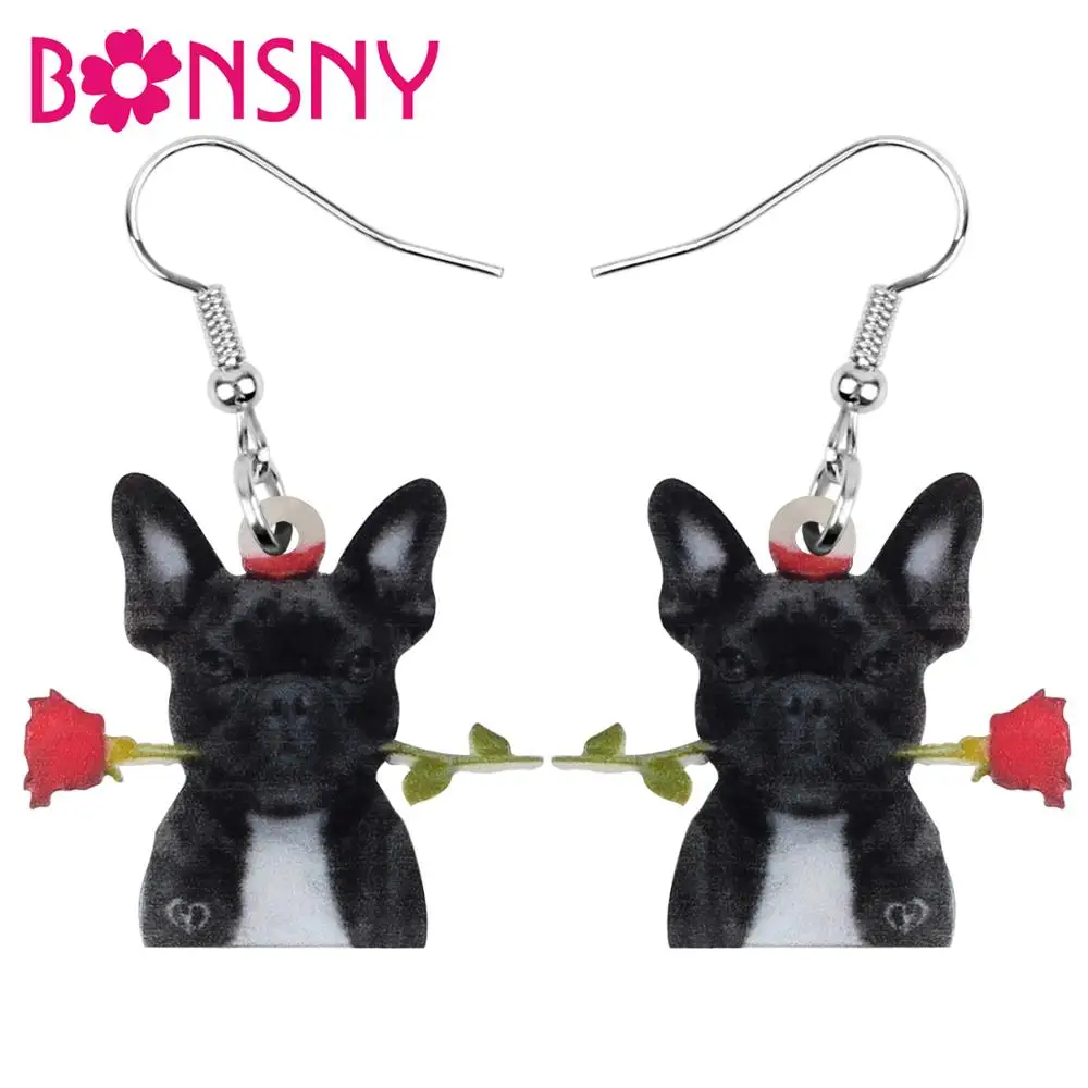 Bonsny акриловые серьги в виде черных бульдогов собак и роз на День святого