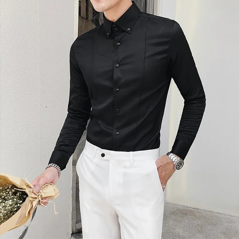 Роскошная брендовая Новая модная мужская рубашка с длинным рукавом однотонная
