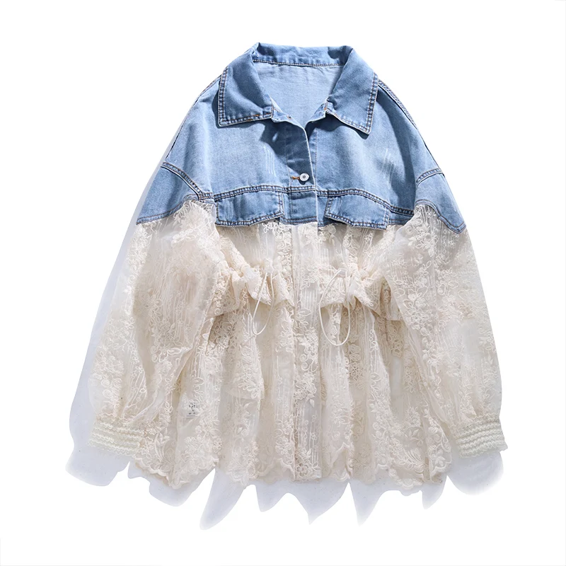 

Кружевные джинсовые Женские куртки в стиле пэчворк, зимняя новая однотонная свободная Модная стильная женская верхняя одежда, пальто, топы