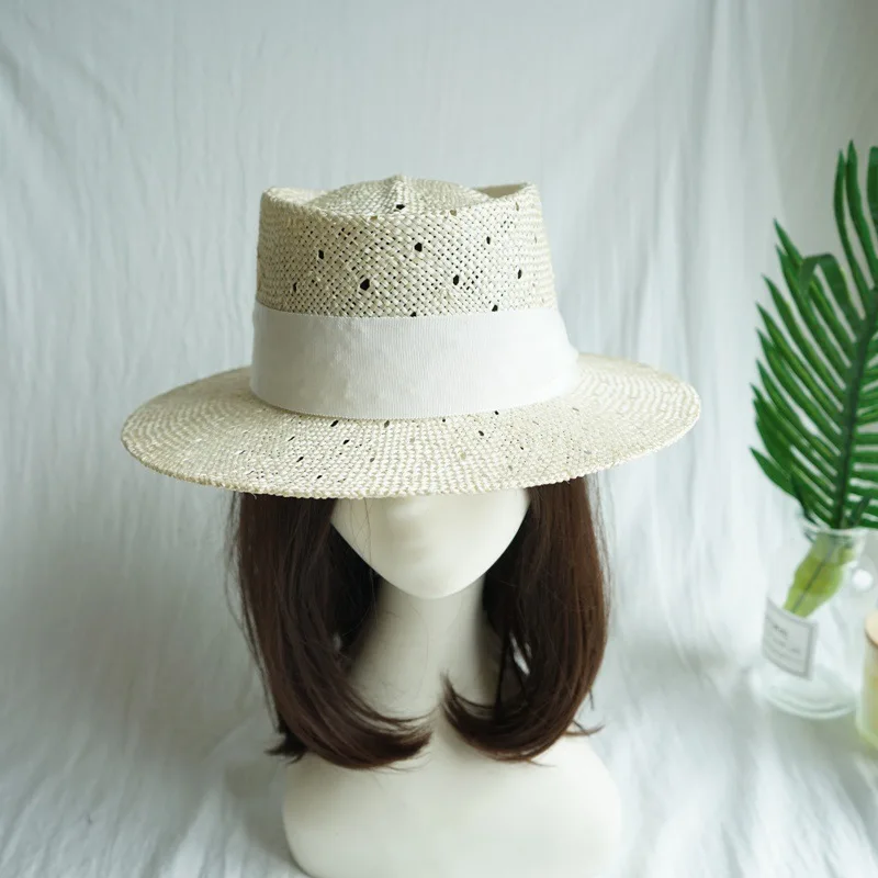

202006-panshi-french summer handmade Natural sisal Hollow weave Pearl luster leisure fedoras cap men women panama outdoor hat