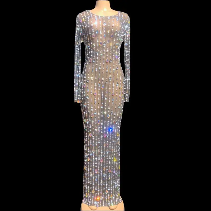 

Women Rhinestones Pearls Mesh Dress Birthday Evening Celebrate Party Long Dress Nightclub Outfit Stage Costume Sexy Dresses