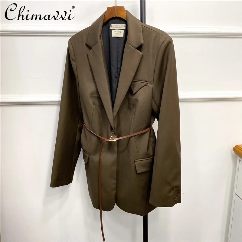 

Black Korean Belted Wool Coat Lapel Collar Long Sleeve Casual Blazers for Women High Street Office Lady Solid Bleizer De Mujer