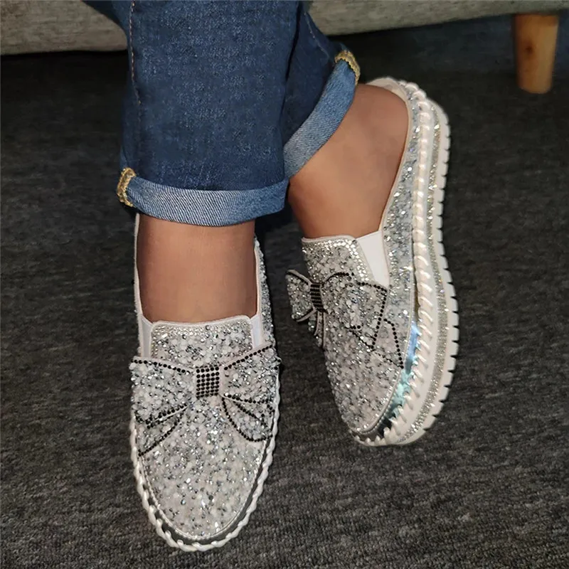 

Women Shining Rhinestone Slip-on Loafers With Cute Bowknot Thick Botton Lazy Casual Ladies Shoes Rhinestones Female Flat Shoes