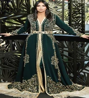 dark green morrocan evening dresses 2020 sexy v neck long sleeve prom dress full length gold appliques long formal party gowns