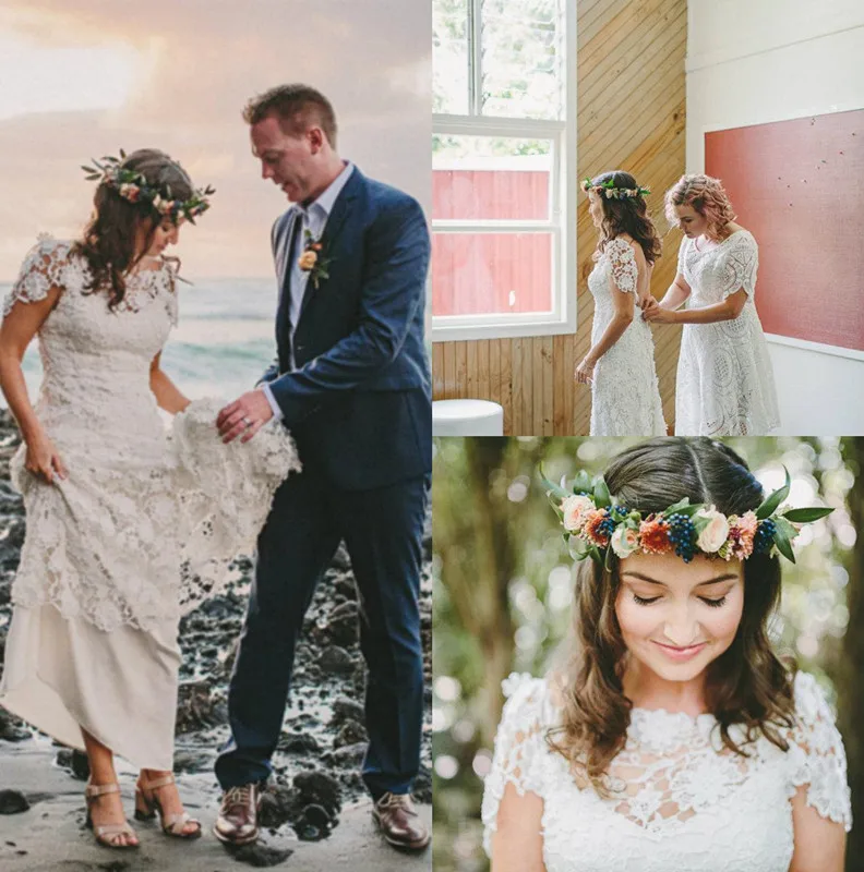 

Vintage Crochet Lace Wedding Dresses with Sleeves 2020 Backless Modest Bohemian Country Beach Bride Dress Robe mariage