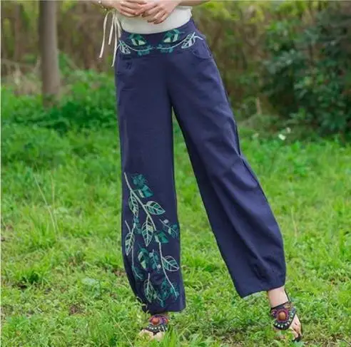 Женские винтажные свободные штаны с вышивкой повседневные длинные летние бриджи