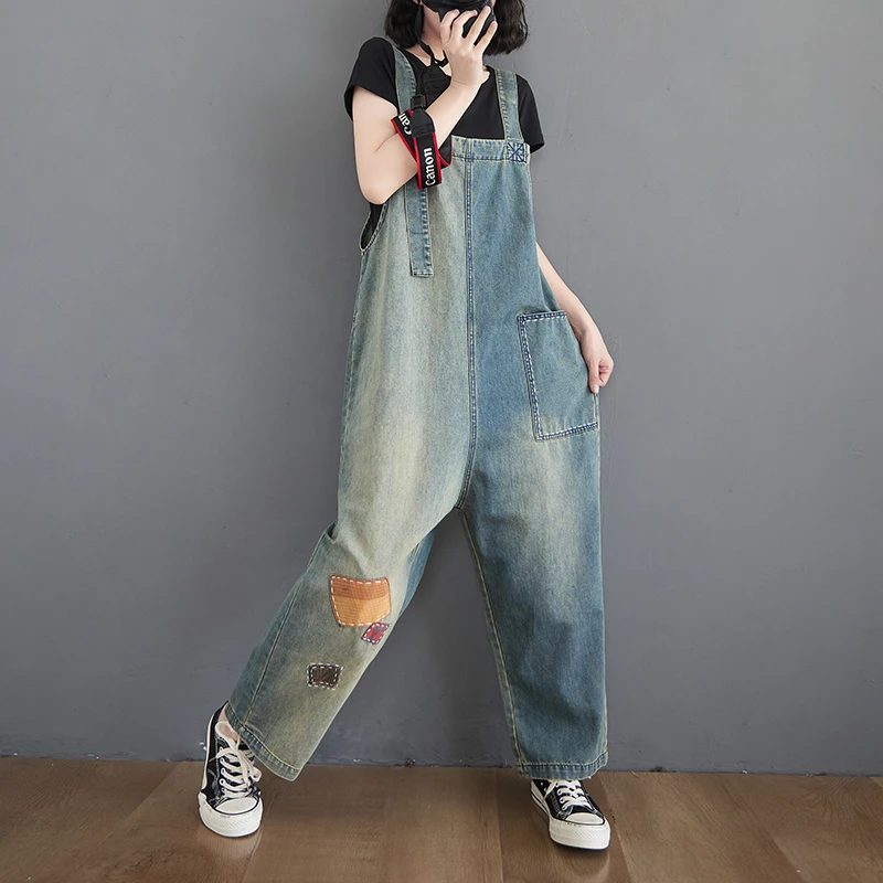 Loose Oversized Rompers Women Jumpsuit Spring Casual Straps Jeans Overalls Vintage Patch Designs Denim Bib Pants Baggy Dungarees