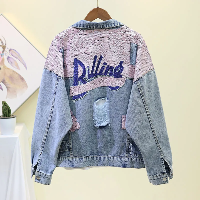 Новинка 2019 зимняя джинсовая куртка в стиле Харадзюку панк с блестками дырками