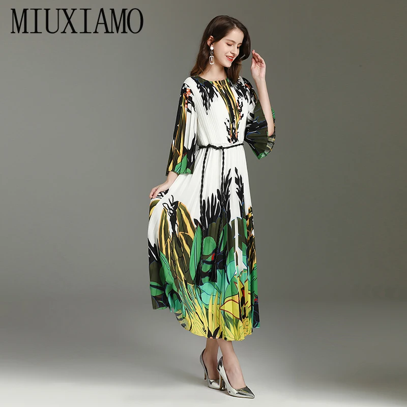

MIUXIMAO 2020 Spring &Summer Dress Pleated fold Flower Print Elegant Loose Casual Office Lady Long Dress Women Vestidos