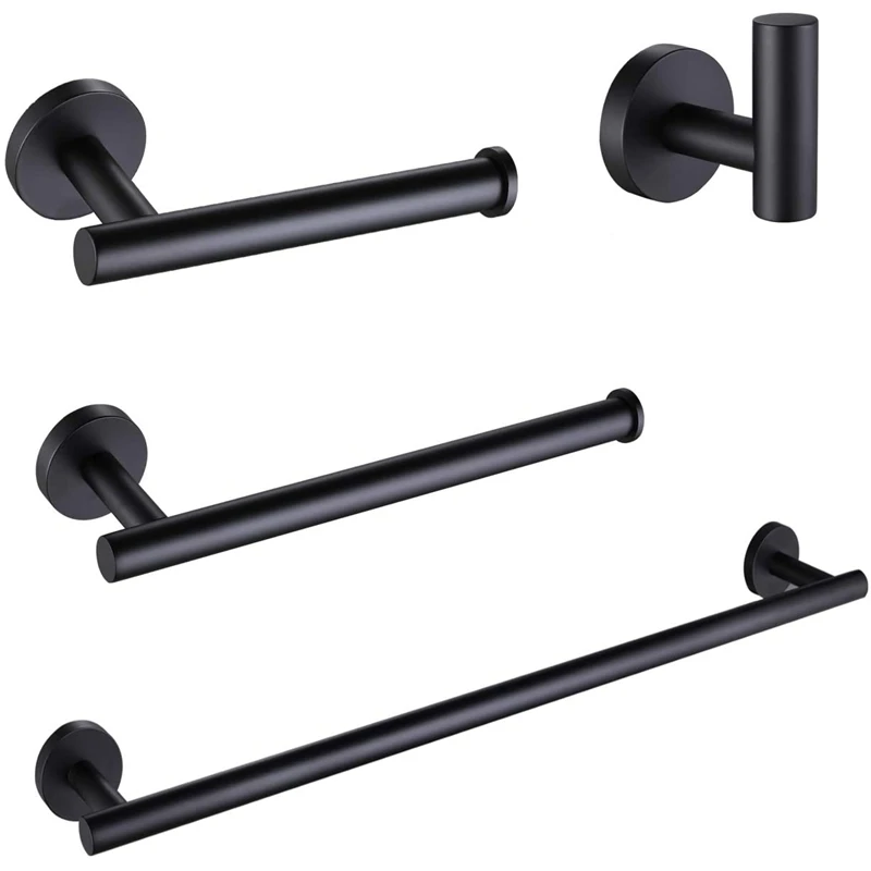 

304 Stainless Steel 4 Piece Bathroom Hardware Accessories Set Black Round Wall Mounted 23.6 Inch Towel Bar Towel Holder