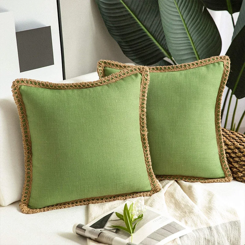 

Green Hemp Rope Edging Medium Cotton and Linen Lotus Leaf Hug Pillowcase Living Room Sofa Decorative Linen Frame Cushion Cover