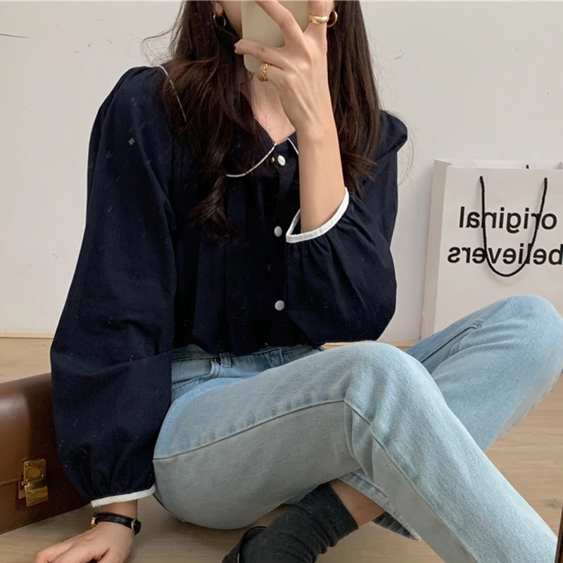 

Shintimes Peter pan Collar Button Blouse Korean fashion Woman Clothes 2021 Spring Autumn Long Sleeve Shirt Women Chemisier Femme