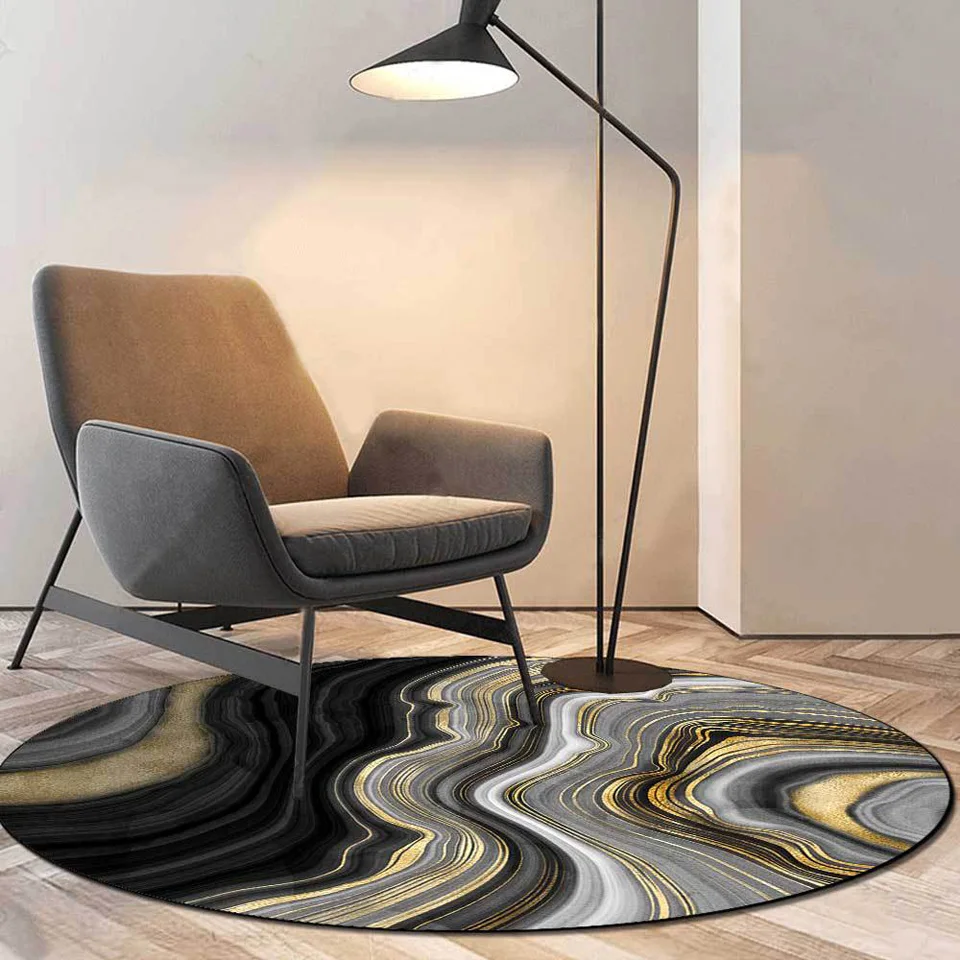 

3D Gold Black Marble Round Living Room Carpet Modern Abstract Area Rug For Bathroom Bedroom Bedside Anti Slip Chair Floor Mat