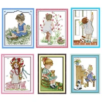 joysunday cute girl series counting cross stitch 14ct 11ct canvas print diy embroidery kit home decoration painting needlework