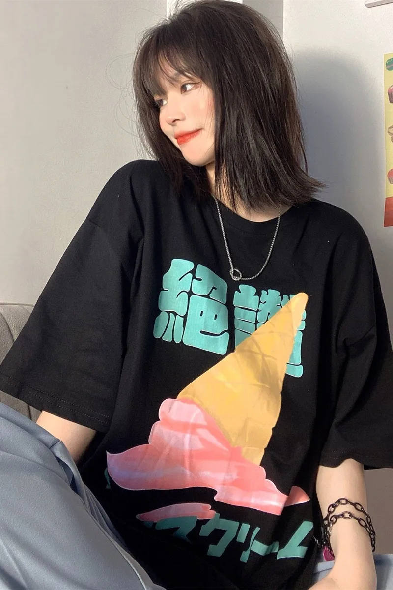 

Casual Ice Cream Print Short Sleeve T-shirt For Women 2021 Summer Loose Oversize Tshirts Versatile Design Top Tee