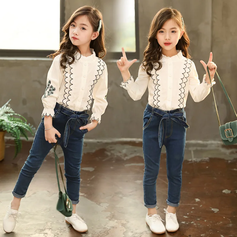 

Kids Clothing Set 2020 Spring Autumn Teen Girls Embroidered Lace Blouse+Jeans 2Pcs Tracksuit Children School Girls Clothes Sets