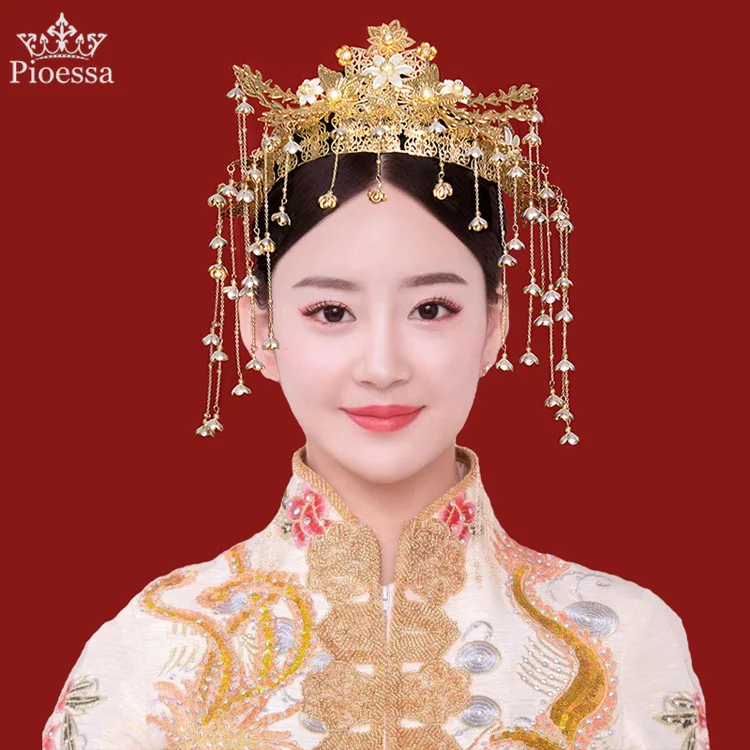 

Золотая Корона невесты в китайском стиле древний головной убор Xiuhe кимоно Корона Феникса повязка для волос с длинной кисточкой Свадебные аксессуары для волос