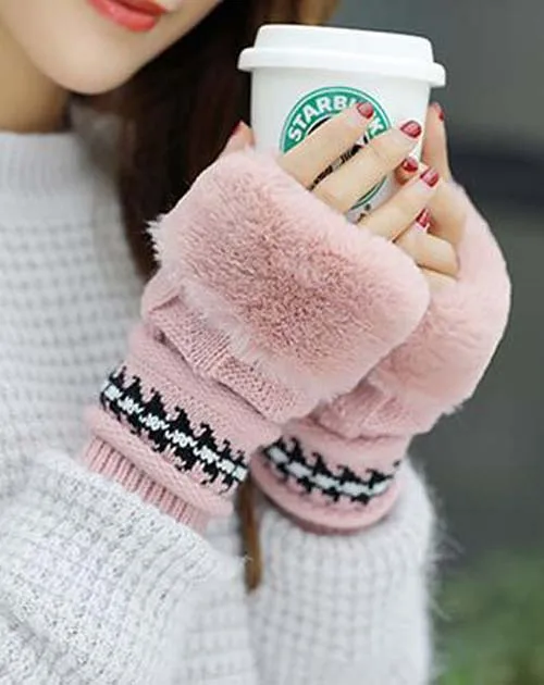 Pink gloves Зимняя шапка с кроличьим мехом, перчатки, шарф, наборы, утолщенная плюшевая шерсть, теплая шапка s, женская вязаная шапка, уличная ветрозащитная Ушная Лоскутная широкий берет-Боб - Цвет: Pink gloves