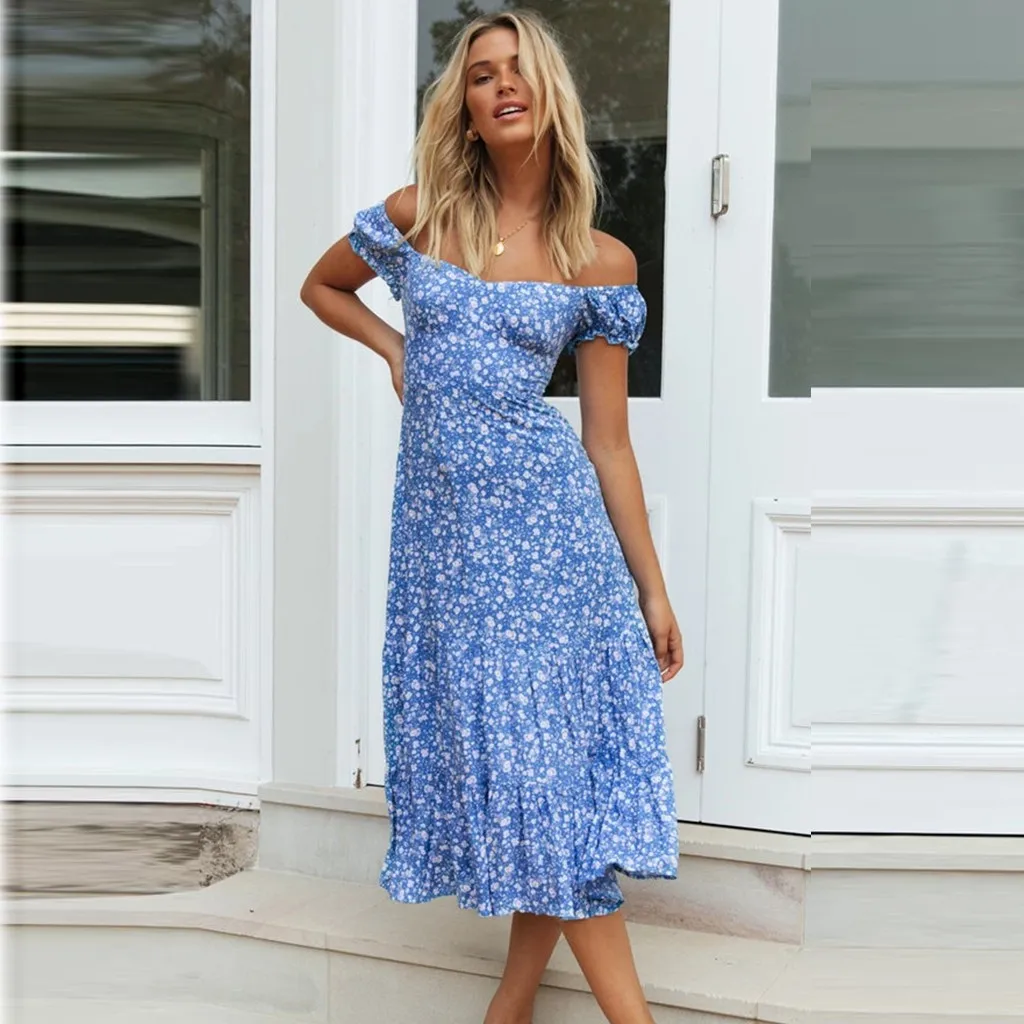 Летнее платье модное женское Свободное с открытыми плечами и коротким рукавом