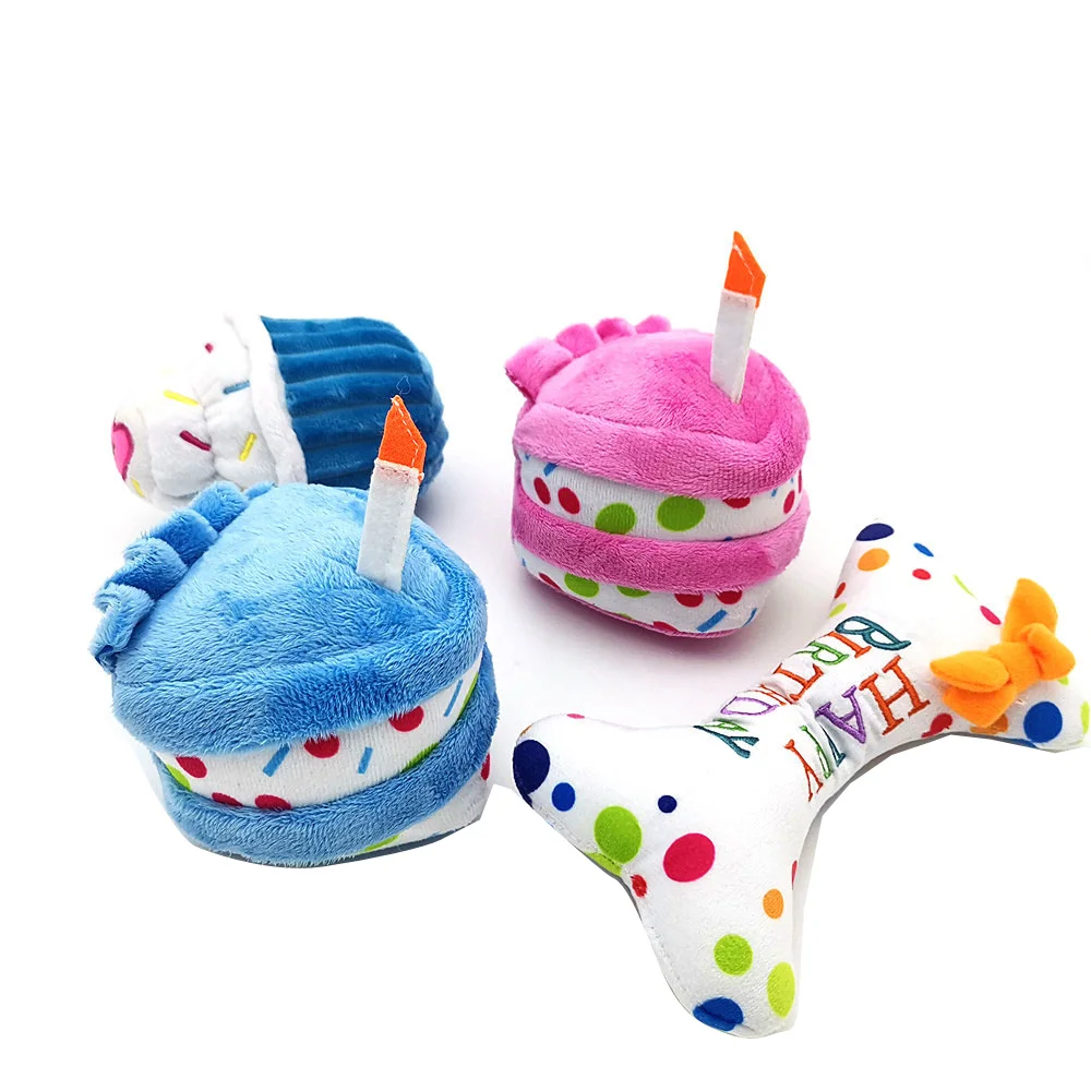 Birthday Cake Shape Dog Plush Toys Cute Soft Stuffed Squeaky Molar Training Chew Puppy Cat Toy Pet Accessories Supplies