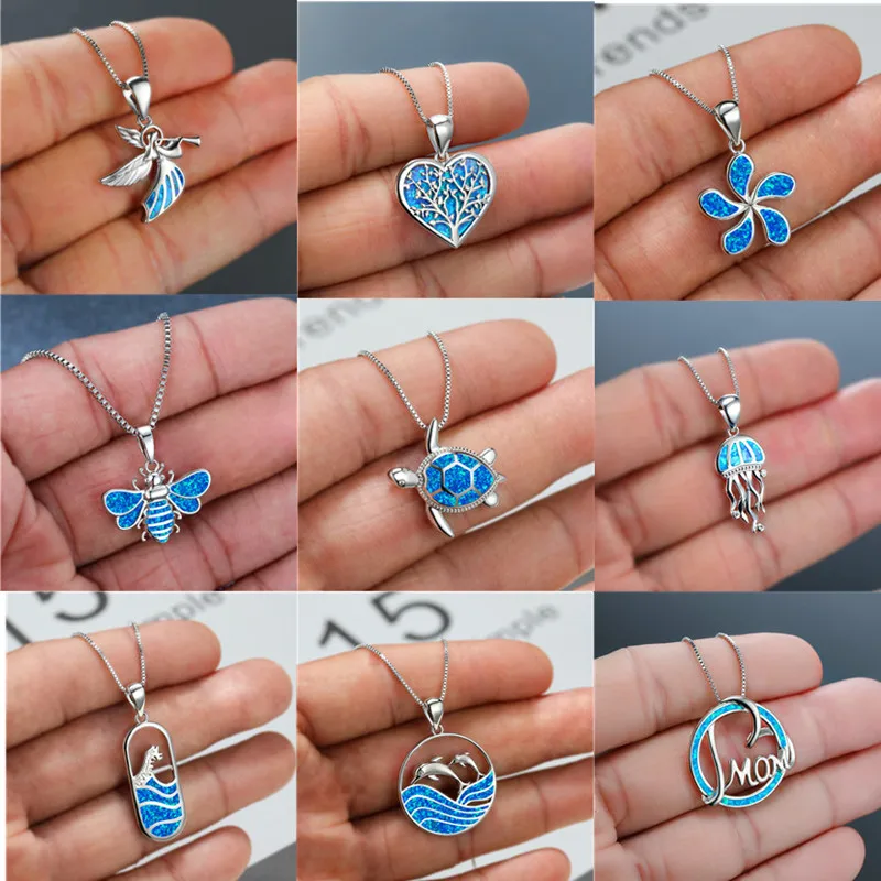 Винтажный женский синий Опаловый кулон ожерелье очарование серебряный цвет