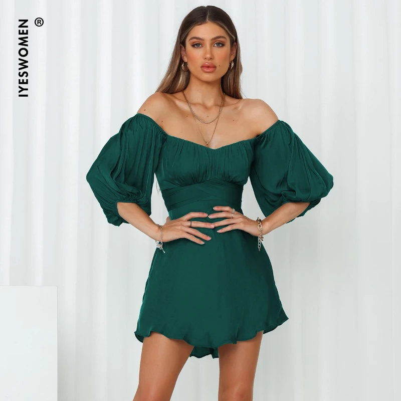 

IYESWOMEN Off Shoulder Lantern Sleeve Mini Dress Women A-Line 2022 Spring Summer Holiday Beach Dress Sexy Party Dresses Boho