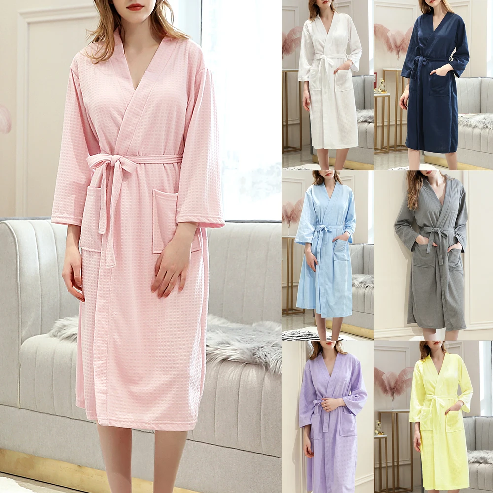 Women Soft Absorbent Robe Sleepwear Waffler Long Kimono Bathwear Candy Colors Lady Hotel Knee Length Dressing Chemises Gown | Женская