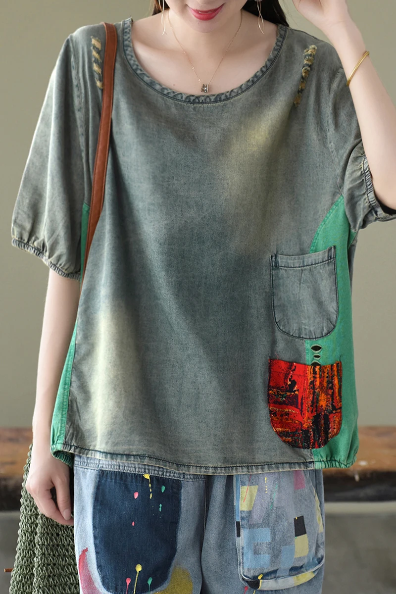 Women T-shirt Summer Loose Casual Denim Tops 2020 New O-Neck Short Sleeve Spliced hole Retro All-match | Женская одежда
